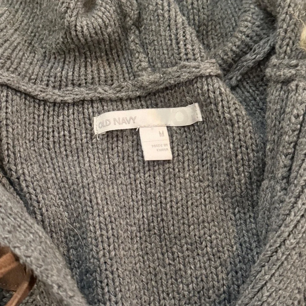 Old Navy Grey Cable Knit Toggle Cardigan Hooded Faux Fur Trim Sweater Womens‎ M